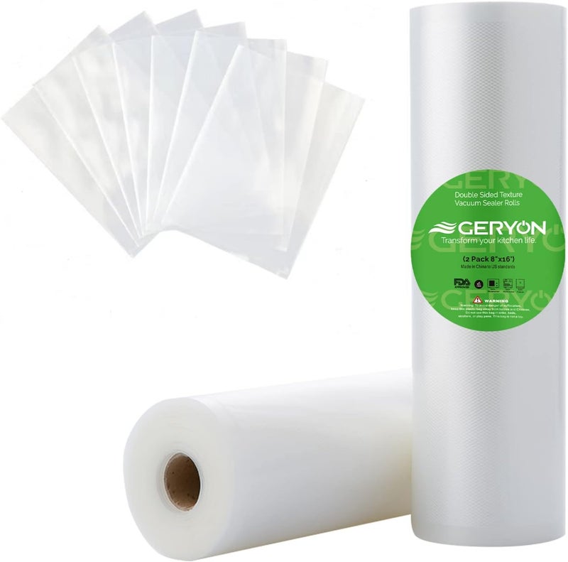 GERYON Vacuum Sealer Bags for All Food Vacuum Sealer Machine, 2 Pack 8" x 16' Vac Sealer Rolls, Commercial Grade BPA-Free Material for Sous Vide & Saver Storage - Image 1